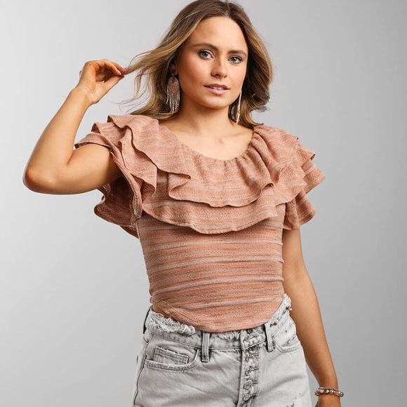 Free People Heirloom Ruffle Top Light Brown Size Small - Picture 7 of 7